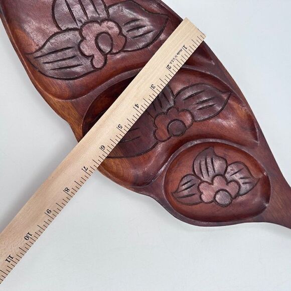 Hard Carved Monkeypod Freeform Wood Tray Leaf Shape Haiti Island 3 Sections - Picture 7 of 7
